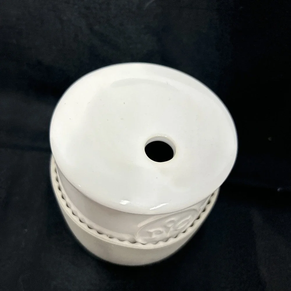 Pampered Chef White Ceramic Egg Cooker Cup Lid with Gray Silicone Sleeve #1529